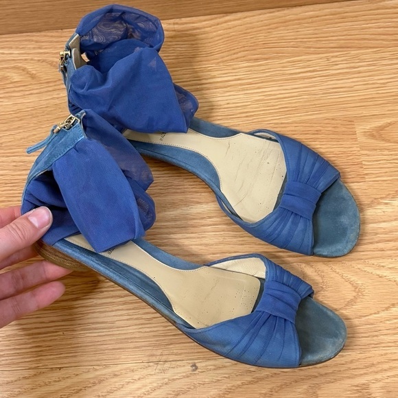 Fendi Flats Sandals Suede & Chiffon Tulle Mesh Ankle Wrap Bow Size EU 37 US 7 - Picture 1 of 11